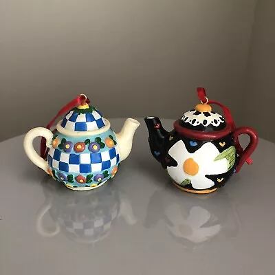 Mary Engelbreit Two Teapot Ornaments Blue Plaid Check Black Daisy • $14.99