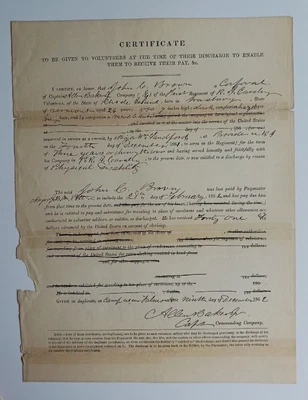 $22 • Buy Civil War 1862 DISCHARGE CERTIFICATE: Disabled John C Brown Rhode Island Cavalry
