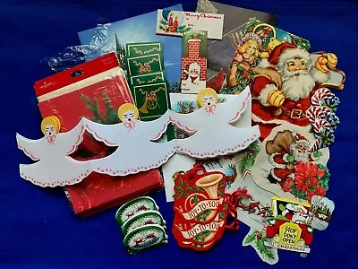 $19 • Buy HUGE LOT 55 Pieces VINTAGE CHRISTMAS Tags Seals Stickers Flocked Santa Booklets