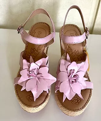 NIB Born Sz 8/39 M/W  'Miss' Pink Leather Flower Wedge Platform Sandals • $45