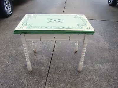 Vtg Farmhouse Enamel/Porcelain Kitchen Table Green 40” X 25” Plus 2- 10  Leaves • $385