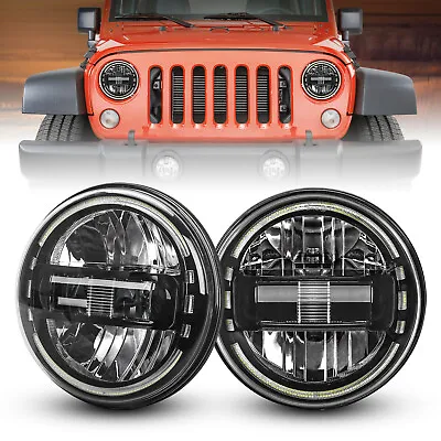 Pair 7  Round Black LED Headlights Halo Angel Eyes For Jeep Wrangler JK TJ CJ LJ • $132.99