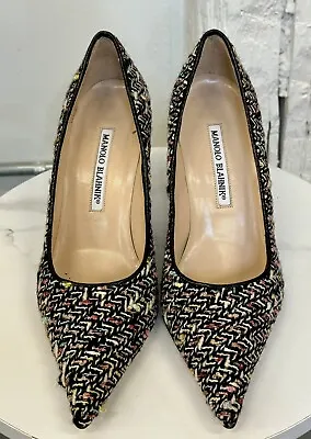 Manolo Blahnik Black & Multi Color Tweed Pointed Toe Unique Heels Size 37 1/2 • $250