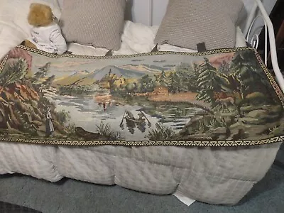 Belgium Vintage Tapestry Wall Hanging 59”x24” Lake Scene • $27