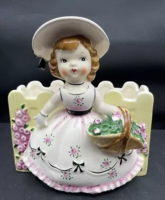 Vintage Napco Ceramic Flower Planter Girl W/ Flowers Basket & Picket Fence • $36.50