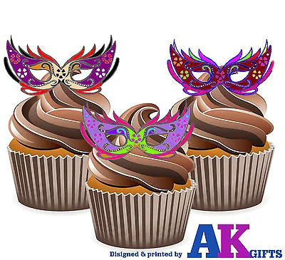 PRECUT Masquerade Ball Colourful Eye Mask 12 Edible Cupcake Toppers Decoration • £3.99