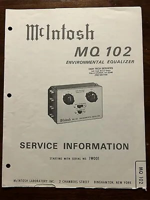 McIntosh MQ102 Environmental Equalizer Service Information Manual Original • $17.99