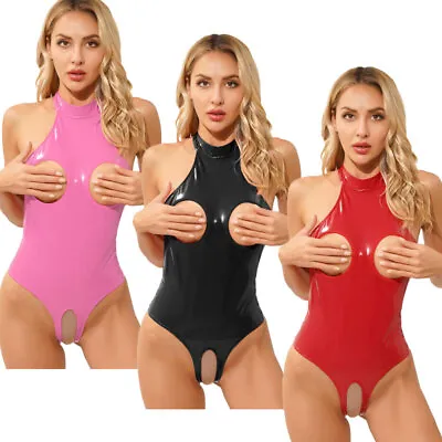 Sexy Womens Wet Look Leather Lingerie Bodycon Catsuit Halter Bodysuit Leotard • $22.54