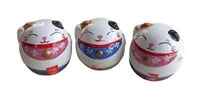 Set Of 3 Maneki Neko Ceramic Roly Poly Lucky Cat Wobble Toy Figurine Bell Inside • $29.99