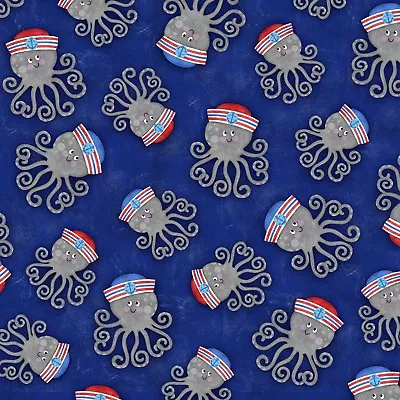 Fabric Seaside Octopus Baby Sailors Hat On Blue Cotton By The 1/4 Yard BIN BOX C • $1.99