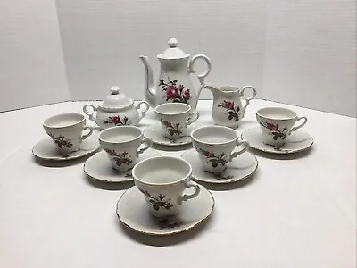 Moss Rose Demitasse Tea Set Tea Pot Sugar Creamer Cups & Saucers 15 Pieces • $50