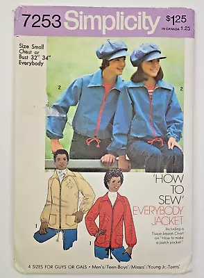 70's Simplicity Sewing Pattern 7253 Misses Men's Jacket & Cap Chest 32-34 UNCUT • $10.99