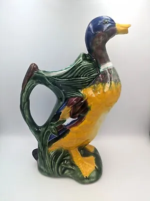 Vintage Hand Painted Ceramic Majolica Style Mallard Duck Pitcher Portugal 10  In • $42.84