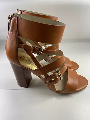 Michael Kors Brown Leather Gladiator Strappy Sandals 4  Heels Rear Zip EUC • $24.99