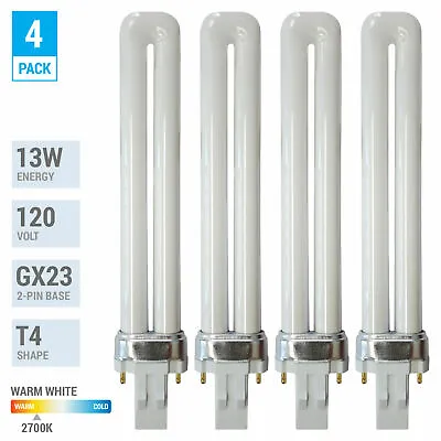 4 Pack PL13S PLS13 27 ECO CFL Plug-In 13W Watt T4 Bi 2-Pin GX23 2700K Soft White • $12.99