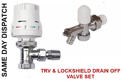 Thermostatic Radiator Valve Set TRV + Lockshield Drain Off Valve 15mm X 1/2   • £14.05