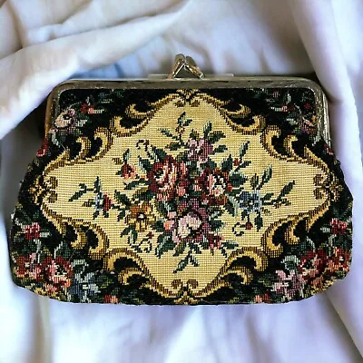 Vintage Black Floral Tapestry Needlepoint Large Coin Purse Made In Hong Kong MCM • $20