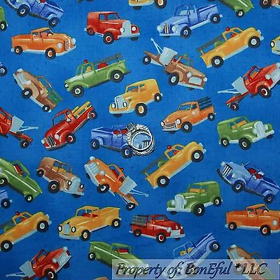 BonEful FABRIC Cotton Quilt Blue Garage Truck Car Boy Construction Print 1 SCRAP • $0.95