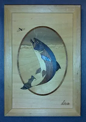 Hudson River Inlay Marquetry Wood Trout Fish Jeff Nelson Framed Art 9.75  X6.75” • $25
