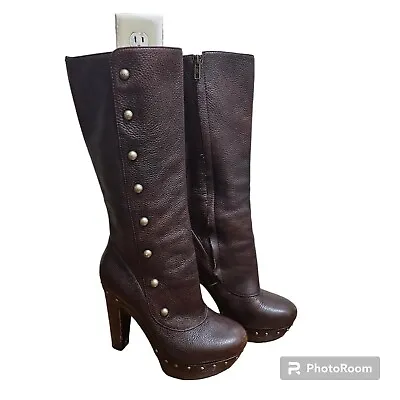  Womens UGG Cosima Tall Chocolate Leather Studded High Heel Boots Sz 7.5 • $115