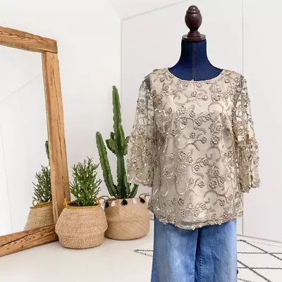 ECI New York 3D Floral Lace Overlay Blouse Gold Tan 3/4 Bell Sleeves Lined • $24.99