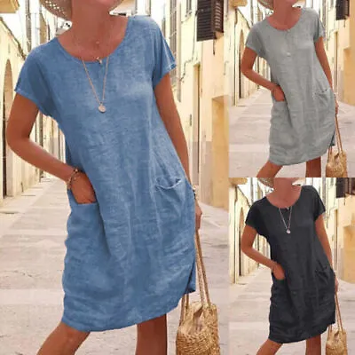 Womens Cotton Linen Summer T-shirt Dress Ladies Casual Short Sleeve Mini Dress • £11.59