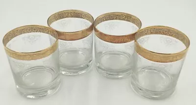 Set Of (4) Vintage Mid Century Modern Bar Glasses Embossed Gold Rims • $14.99