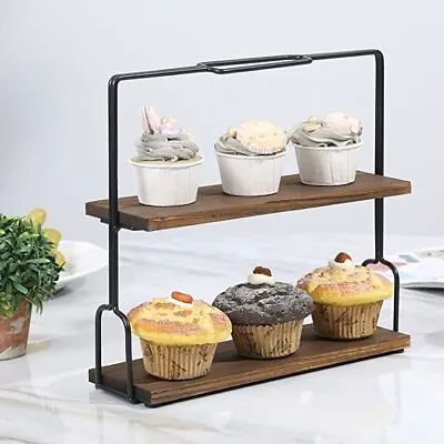 2-Tier Brown Wood And Metal Dessert Display Rack Cupcake Dessert Serving Stand • £41.45