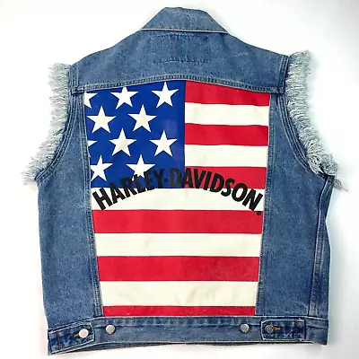 Vintage Harley Davidson American Flag Denim Vest Jean Jacket Mens M Frayed USA • $48.28