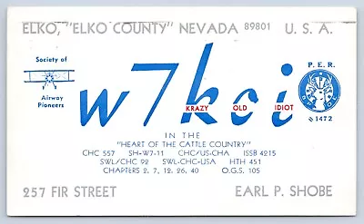 QSL CB Ham Radio Card W7KOI Earl P Shobe Elko NV 1964 Bi-Plane • $5