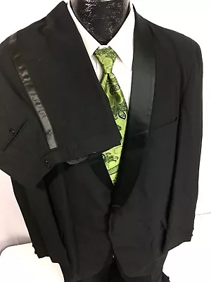 Vtg 50's Men Black ROCKABILLY Tux Satin Shawl Collar Wool Tuxedo SMOKING Suit 42 • $197.99