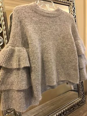 Endless Rose Women's Mohair Fuzzy Knit Sweater Layered Sleeves Small Gray Mock • $32