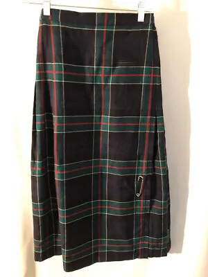 VTG Deans Of Scotland Black Wool Tartan Kilt Skirt Mint Sz 6 Black Leather Strap • $50