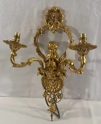 Vintage Gold Metal Ornate Cherub Blowing Horns Double Electric Wall Sconce • $164.95