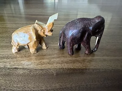 (2) Hand Carved Elephant White Onyx Quartz Marble Stone Wood Miniature Figurines • $12.95