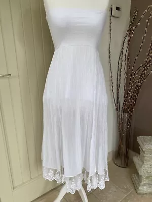 Bandeau Cream MIDI Cotton Lace Hem Holiday Beach Dress By Sugar 12-14 Lovely • £15