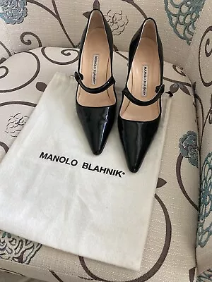 Manolo Blahnik Mary Jane Black Pointed Toe Patent Leather Pumps 39 • $200