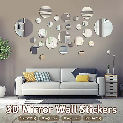 26X Removable 3D Mirror Wall Stickers Circle Decal Art Mural Home Room DIY Decor • $8.98