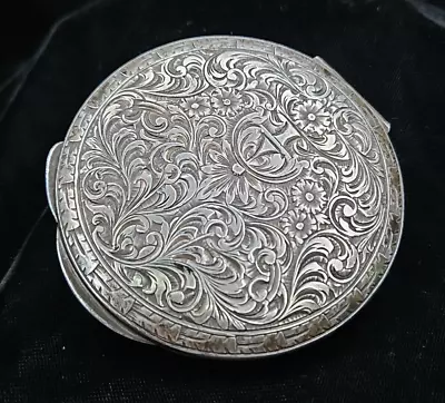 Antique 800 Sterling Silver Compact Mirror Surface Hand-Engraved Floral Pattern • $169.95