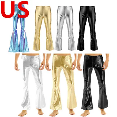 US Mens Long Pants Shiny Metallic Flared Pants Bell Bottom Dude Costume Trousers • $15.91