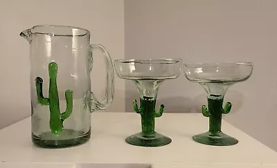 Saguaro Cactus Hand Blown Glass Margarita Pitcher And 2 Margarita Glasses • $65
