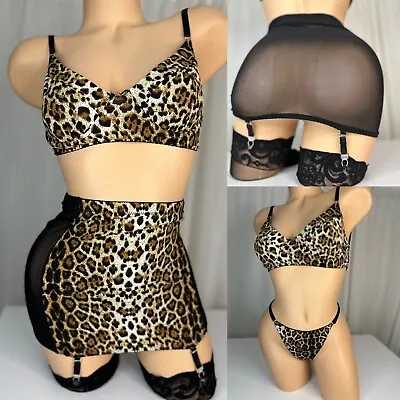 Small Leopard Lingerie Open Bottom Girdle Garter Skirt Bra & Thong Panty Vtg Set • $57.75