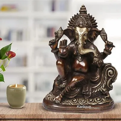 Brass Lord Ganesha Sitting On Singhasan Ganesh Bhagwan Idol Ganpati Murti Metal • $281