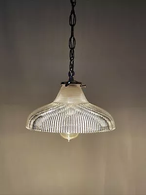 REWIRED Antique Vtg HOLOPHANE Ribbed Glass Industrial Pendant Light Art Deco 20s • $249.99