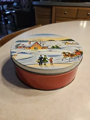 $18 • Buy Vintage Fruit Cake Christmas Tin Red Base Sleigh Ride Country Scene Lid