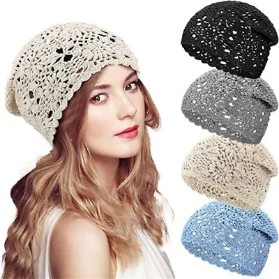 Crochet Slouchy Beanie Hat Handmade Knit Cutout Floral Skull Cap Cotton Knitted • £8.58