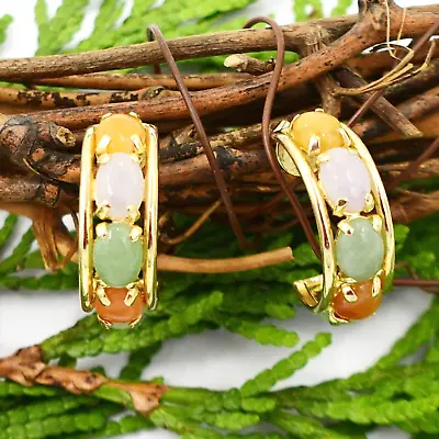 14k Yellow Gold Multi Colored Jadeite Gemstone Half Hoops/Hoop Earrings • $400