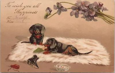 Lithograph Two Dachshund Dog Puppies  Wish You Happiness  Early 1900s • $11.99