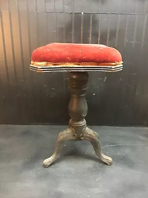 Vintage WOOD PIANO STOOL Organ  Victorian Red Felt Seat Antique Steel Ball Feet • $148.75