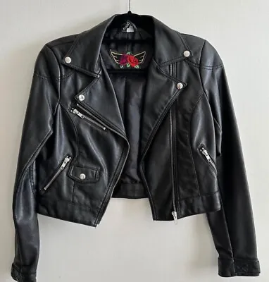 Women's H&M Leather Jacket Black Biker Style Street Wear Zipper Accents Size 6 • $35.80
